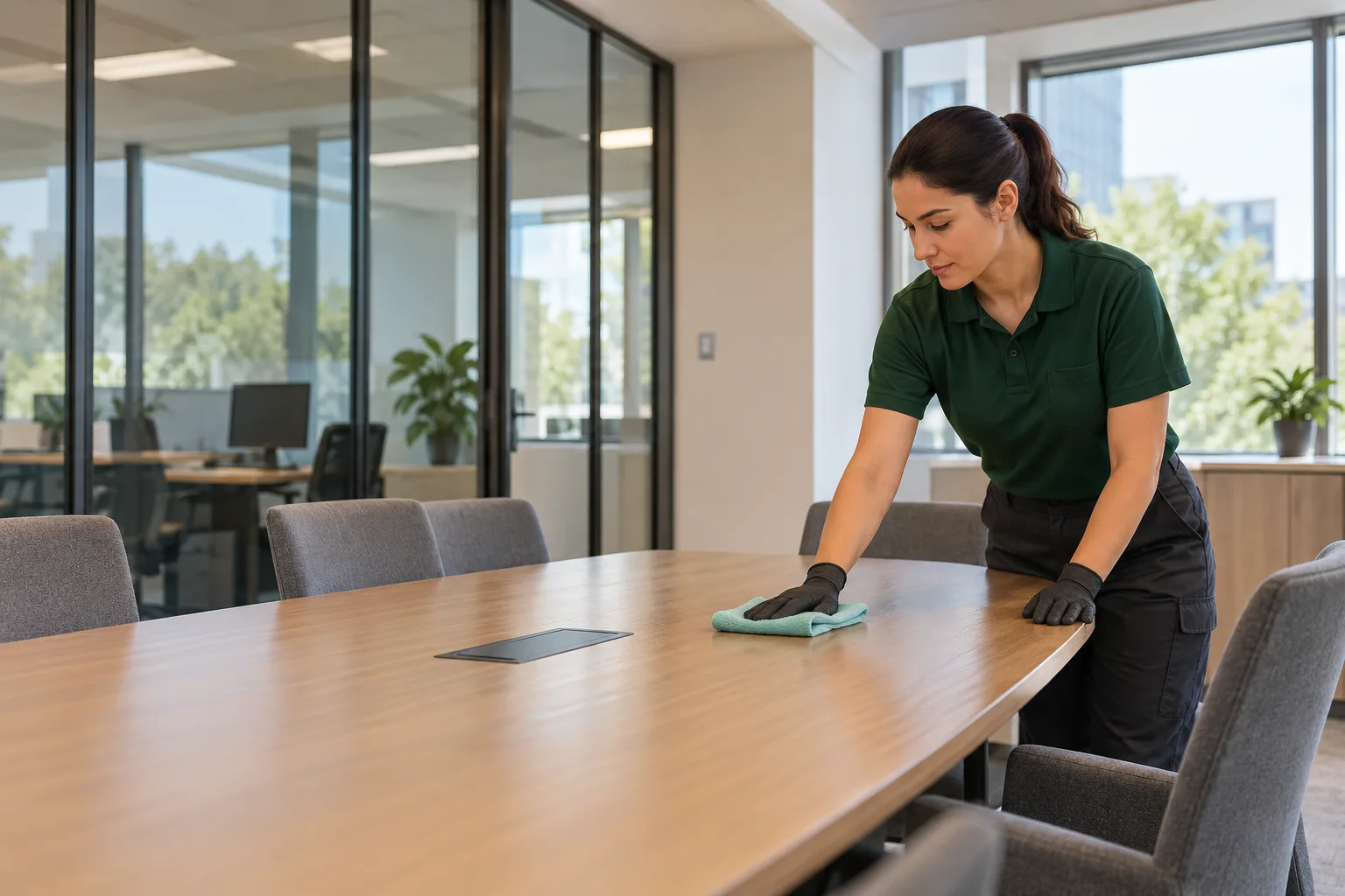 Illustrative commercial cleaner wiping a meeting table in a professional office